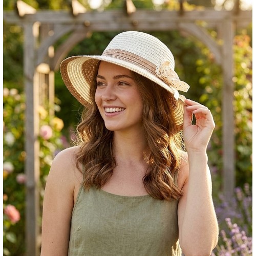 Wide Brim Hat - 2 Tones w/ Flower - White - HT-H2269WT